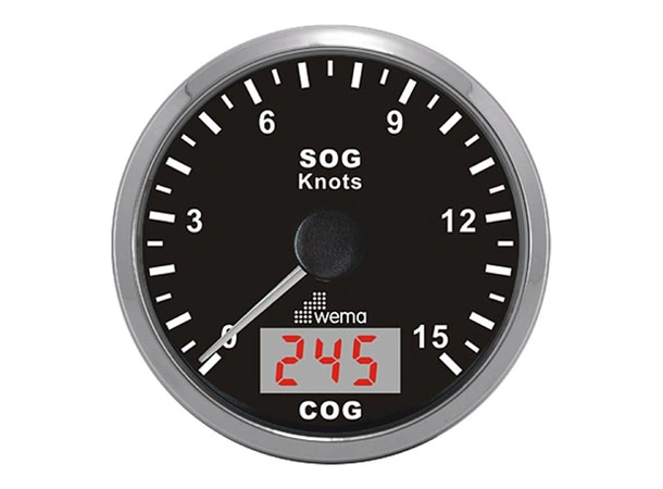 WEMA GPS knopmåler m/kompass, SL-sort 0-15 knop